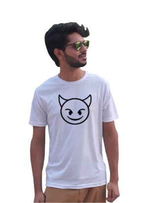 Devil Emoji Printed Round Neck Half Sleeve White T-Shirt