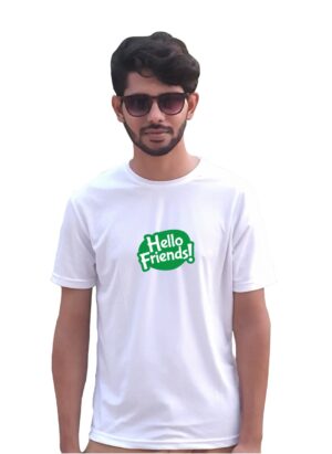 Hello Friends Round Neck Half Sleeve White T-Shirt For Men