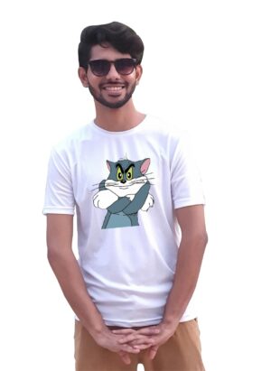 Tom Cartoon Character Printed Round Neck Half Sleeve White T-Shirt