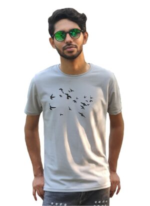 Birds Printed Half Sleeve Round Neck men's T-Shirt grey