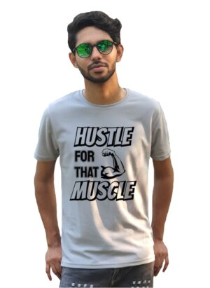 Hustle for That Muscle Printed Grey T-Shirt for Men's