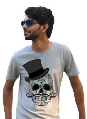 Skull With Hat Printed Grey T-Shirt for Men's