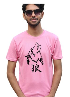 Wolf Head Printed Casual Pink T-Shirt for Men's