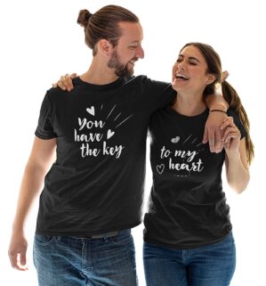 Key to Heart Couple Black Cotton T-Shirt
