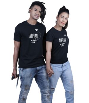 Airplane Mode On Cotton Couple Half Sleeve Black T-Shirt